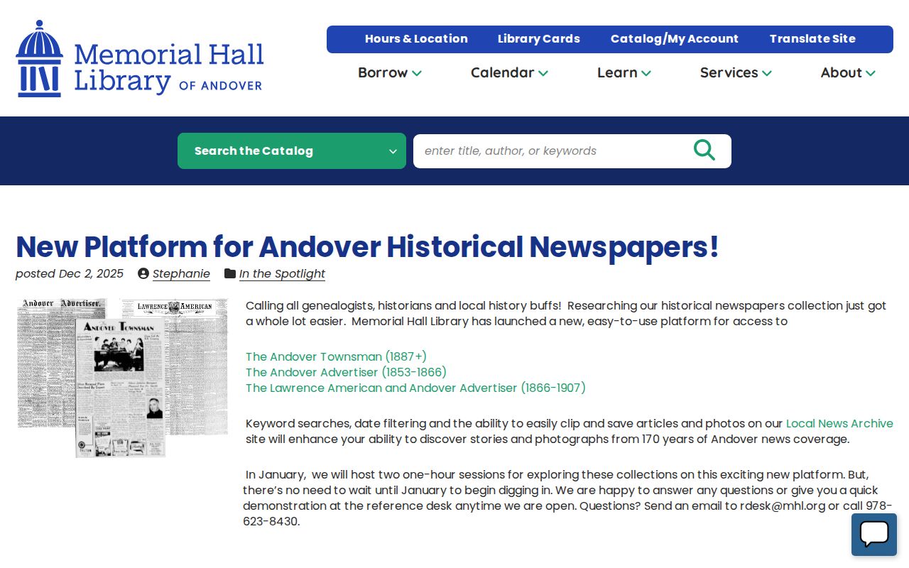 Andover neighbors historical newspaper platform at Memorial Hall Library