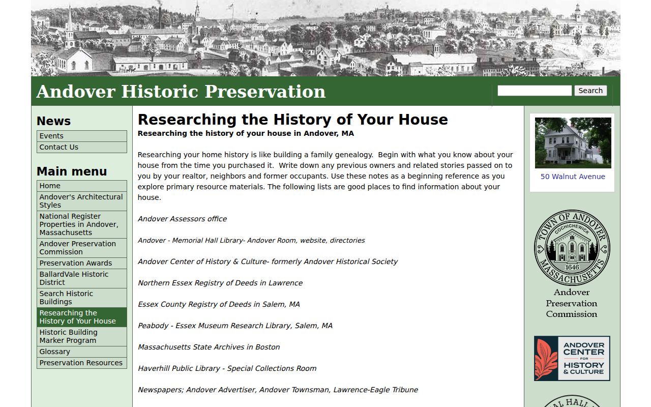 Andover previous residents Memorial Hall Library house-history research guide