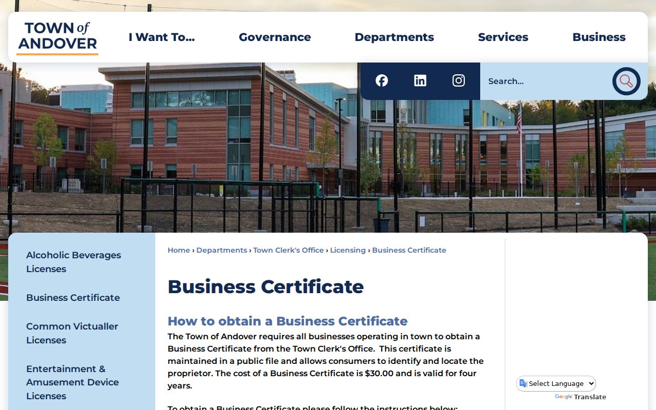 Andover resident lookup Town business certificate and proprietor filing page